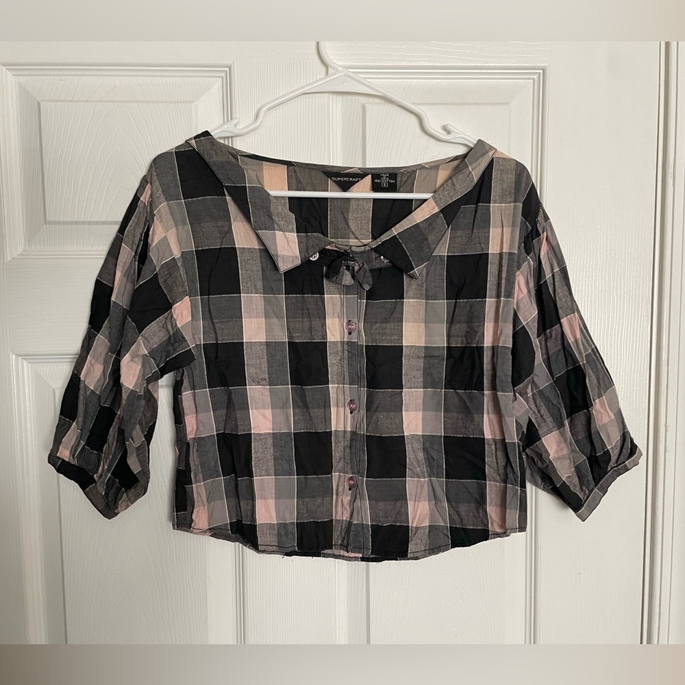 Vintage Supercraft 100% Cotton Womens S Cropped Plaid Button-Up Top